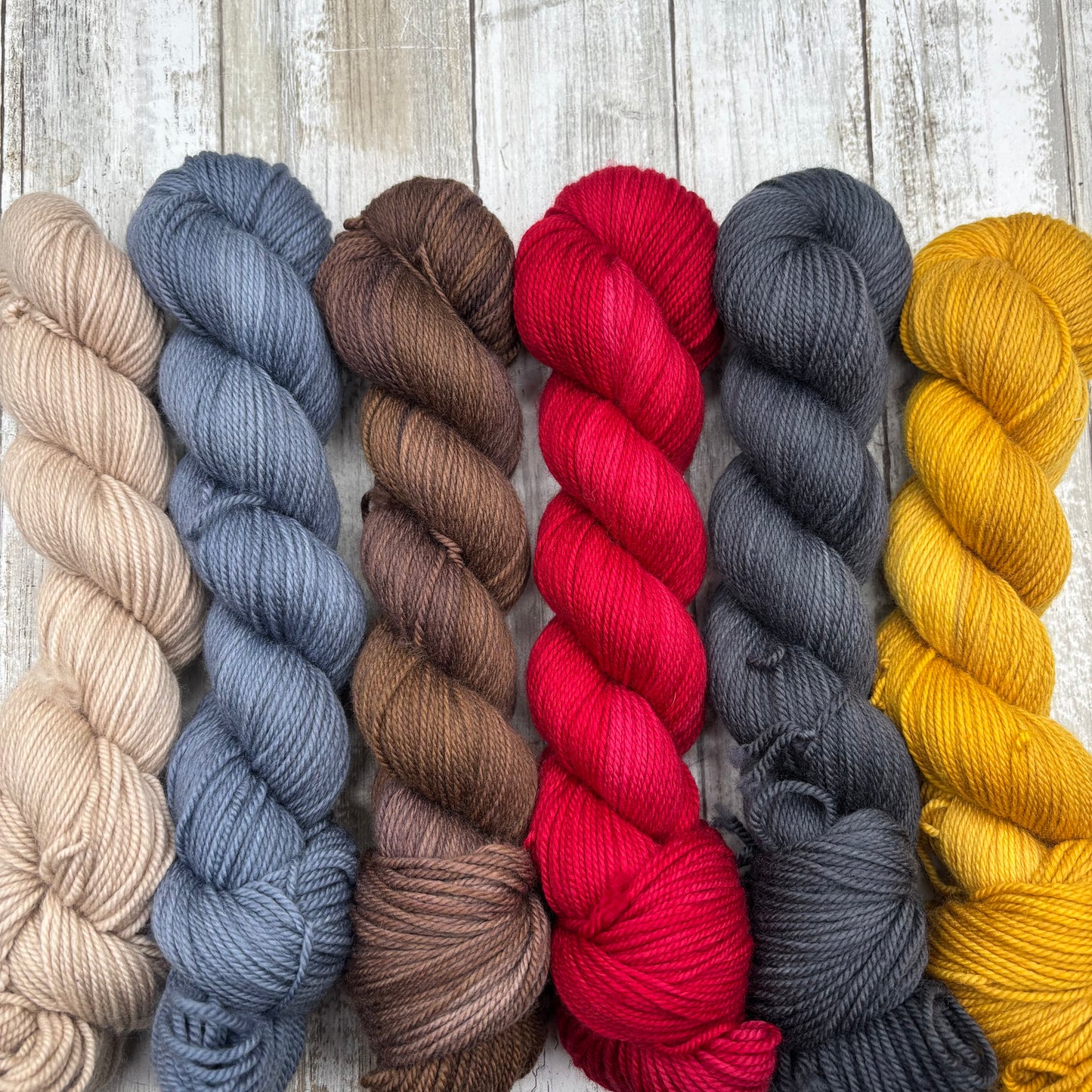 Sand dollar, denim, gingerbread, very cherry, charcoal, ochre DK 6 pack