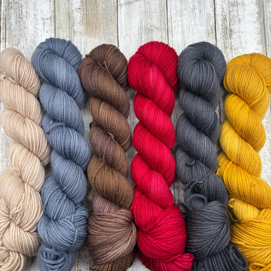 Sand dollar, denim, gingerbread, very cherry, charcoal, ochre DK 6 pack
